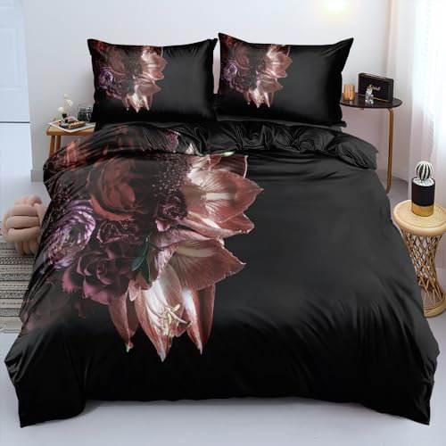 DXHOME Blumen Bettwäsche 135x200 Lila Schwarz Vintage Blüten Muster Wende Bettwäsche Aesthetic Kuschelig Weiche Mikrofaser Einzelbett Bettbezug mit Reißverschluss + 1 Kissenbezug 80x80 cm