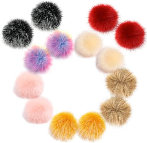 Fellbommel für Mützen Kunstfell Pompon 14 Stück Künstlicher Haarball Nachahmung Fuchs Waschbär Haarkugel Anhänger DIY 10cm für Mützen Schuhe Schals Taschen Schlüsselanhänger 7 Farben Pompons Basteln