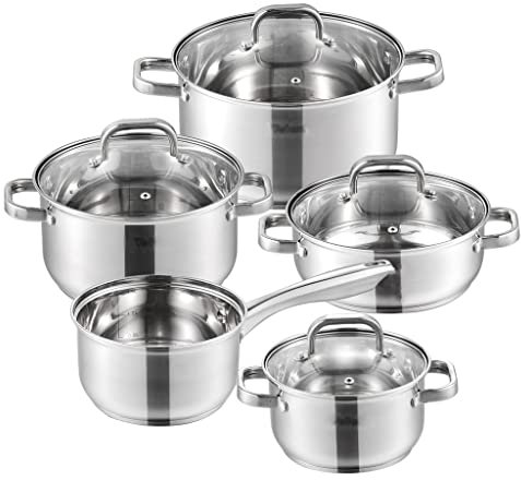 BONOOL Batterie de Cuisine en Acier Inoxydable, 9 pièces, poêle à Induction de sécurité, Casserole antiadhésive avec Couvercle en Verre, kit de Batterie de Cuisine.