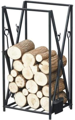 OATTIS tragbar Brennholzregal mit großem Fassungsvermögen, Zubehörset für freistehende Feuerstellen aus schwarzem Eisen, Holzregal mit Zange/Schaufel/Bürste/Schürhaken Dauerhaft