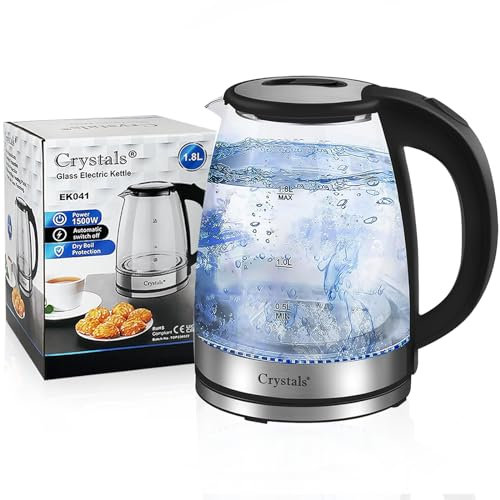 Crystals Electric Kettle, 1.8L Glass Kettle with Blue LED, 1500W, Fast Boil, Easy to Clean, Auto Shut-Off and Boil-Dry Protection, Large
