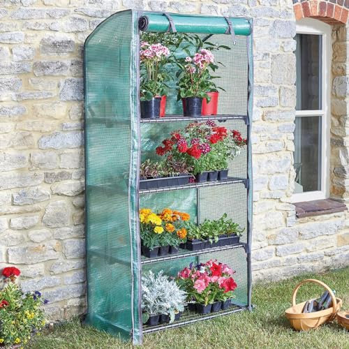 Gro-Zone Mini Greenhouse Cold Frame with Steel Frame, PE Cover, 4 Shelves & Front Zip Up Panel - Germinate Seeds, Propagate Plants & Grow Exotic Fruit & Veg - H170 x W80 x D50cm