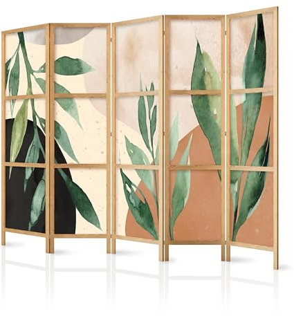murando - Paravent Innen Raumteiler Holz Abstrakt 225x172 cm 5-teilig Japanische Trennwand Raumtrenner Room Divider Mobiler Sichtschutz Spanische Wand Raum Abtrennung Blätter Botanik b-A-0885-bh-c