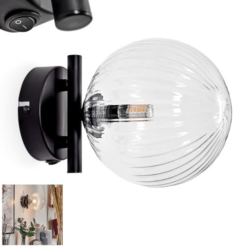 Applique Chehalis, lampe murale en métal/verre strié noir/clair,design moderne rétro/vintage avec abat-jour en verre (Ø 15 cm) et interrupteur marche/arrêt sur le boîtier, 1 x G9, sans ampoule