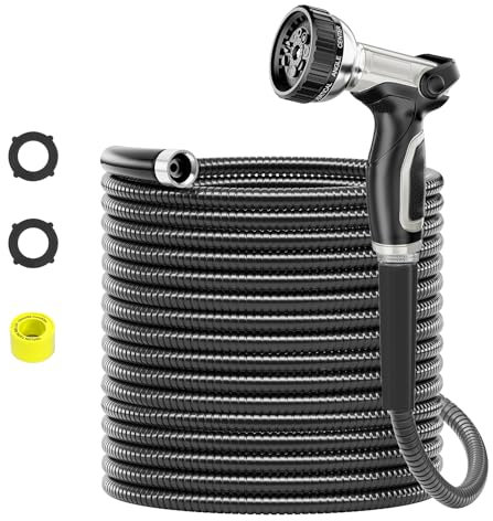 SPECILITE 15,2 m langer Gartenschlauch aus 304 Edelstahl, robuste Wasserschläuche mit Düsen für Hof, Outdoor – flexibel, knickt nicht und verheddert sich nicht, pannensicher (schwarz)