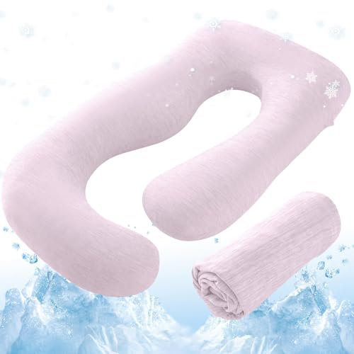Sasttie Cooling Pregnancy Pillow Cover, 57-inch U Shaped Pregnancy Pillow Case, Fits 55 to 57 Inch Maternity Pillow, Pink (No Pillow Insert)