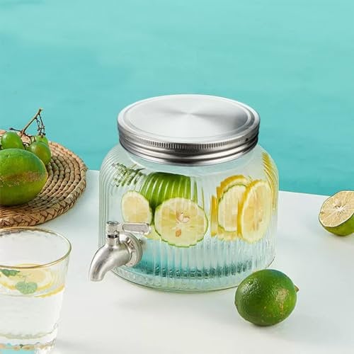 Lomejii Dispensador de bebidas de cristal de 2,8 litros para frigorífico con grifo, grifo de acero inoxidable, dispensador de zumo de cristal, recipiente para agua, zumo, hielo, sol, té, café, pequeño