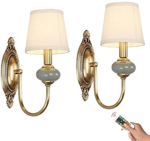 American Battery Operated Wall Sconces Lights 2 Pack, Rechargeable Antique Brass Wall Lights with Bulb & Remote, No Wiring Vintage Ceramic Lamp for Living Room Bedroom Farmhouse Fireplace Hallway TV