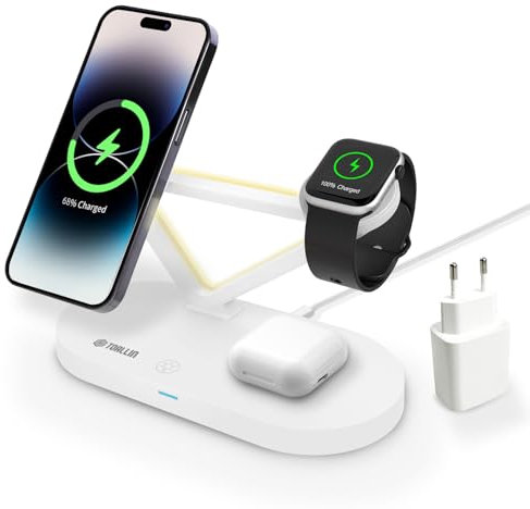 TOALLIN 5-in-1 Magnetic Wireless Charging Station with Night Light, Wireless Charger for iPhone12 13 14 15 Pro Max & Airpods & iWatch Series, Fast Charging Stand Dock for Apple Multiple Devices