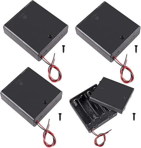 JWISLAND (Pack of 4) 4 AA Battery Holder with ON/Off Switch, 4 Slots Battery Holder with Wire Leads and Cover, 4 X 1.5V AA Battery Holder
