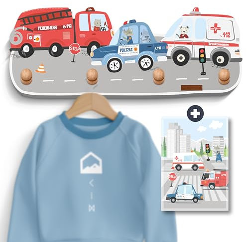 nordroom® Kindergarderobe mit 4 Haken - Wandgarderobe Rettungsdienst für Kinderzimmer Garderobenhaken aus Holz - Kinder Wandhaken „lårvikk“, Kindermöbel Kleiderhaken aus Buche - Maße ca. 39 x 15 x 5cm