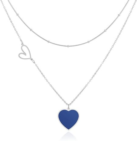 Linawe Collana a cuore blu con catena a cuore, collana a catena in argento da donna, gioielli in argento in acciaio inossidabile, catena a strati con ciondolo, set di catenine in argento con ciondolo