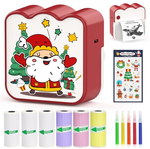 HuiJuKeJi Mini Drucker, Taschendrucker, Mini Fotodrucker für Smartphone, Sticker Drucker, Thermo Fotodrucker für Journal, Reisen Logo, Notizen, Journal, Liste, Memo (Christmas)