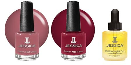 JESSICA Custom Colour 3 Piece Nail Polish & Cuticle Oil Gift Set, Strengthener, Quick Dry, Chip Resistant, Berry Christmas, 3 x 7.4ml