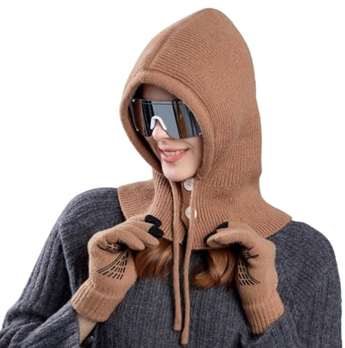 kosopse Mütze Schal Set Damen Gelb Hat Gloves Hat Shawl Set Mütze Blau Damen (Khaki, One Size)