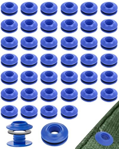 KEMUZ 40 Œillets pour Bâche Auto-Bloquants en Plastique Résistant - 28x28x12 mm - Pour Tentes, Bâches de Piscine, Camion, Rideaux et Toiles (Lot de 40 Pièces, Bleu)