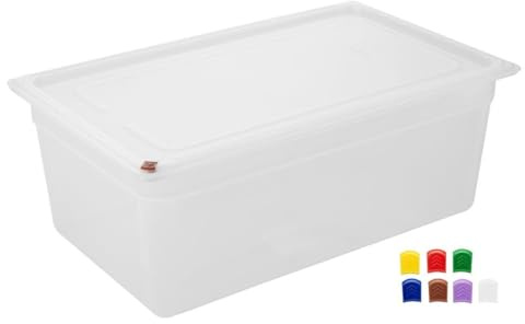 Hygiplas Click PP 1/1 GN Gastronorm Container, 200mm 25.6Ltr, Pack 4 | Includes airtight matching lid and 7 colour-coded clips to prevent cross-contamination in busy professional kitchens.