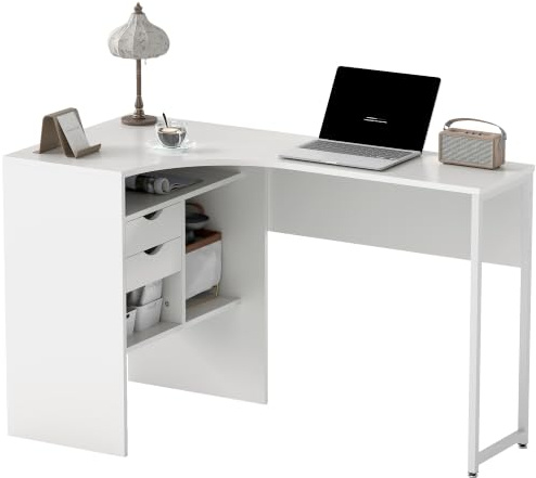 HOMCOM Bureau d'angle avec 2 tiroirs, 120 x 60 cm, Bureau en L avec 3 Compartiments Ouverts, Table Informatique pour étudier, Travailler, Chambre, Maison, Blanc