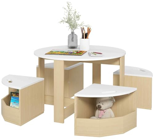 AIYAPLAY Kids Table and Chairs Set, Five-Piece Childrens Table and Chair Set with Storage, Children Activity Table for Ages 3-8 Years, White