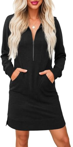 PrinStory Vestido tipo jersey para mujer UK manga larga media cremallera cuello en V vestido sudadera con bolsillos laterales, Negro, L