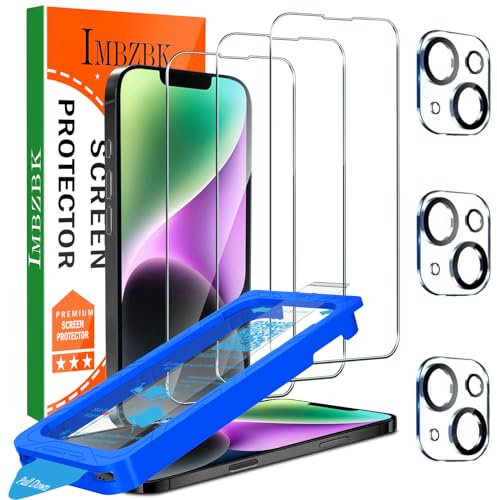 IMBZBK Screen Protector for iPhone 14, Tempered Glass, 3+3 Pack | 9H+ Hardness, Military Grade Shatterproof, Case Friendly, Bubble Free Auto-Dust Removal, with 3 Camera Lens Protectors
