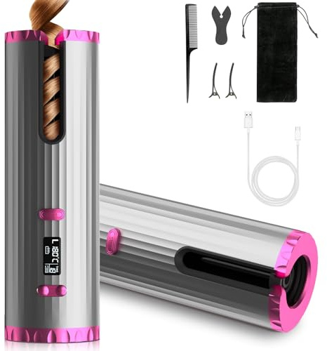 Automatic Cordless Hair Curler, Gradient Pink - 6 Heat Settings, Fast Heating 60s, Auto Hair Wrap & Tangle-Free, Nano Ceramic & Tourmaline Coating for Shiny Hair, Portable Rechargeable Curling Wand