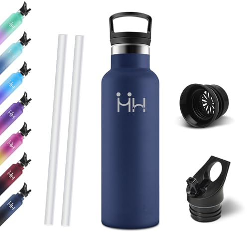 Motswedi Trinkflasche, 750 ml BPA-Frei, Trinkflasche Edelstahl, Mit Strohhalm und 2 Deckeln, Wasserflasche, 18/8 Edelstahl, Doppellagige Isolierung, Isolierflasche für Camping - Dunkelblau