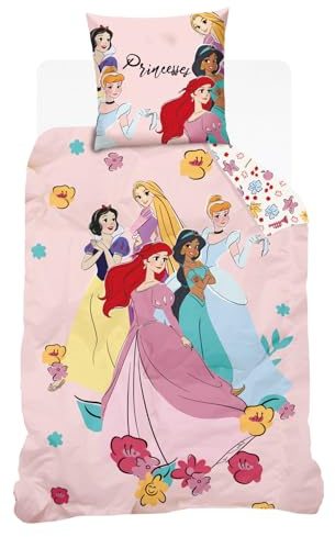 Disney Bettbezug Prinzessinnen – 140 x 200 cm + 1 Kissenbezug – 100 % Baumwolle – Beige