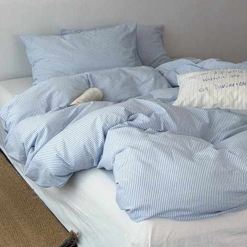 Freyamy Bettwäsche 135x200cm 2tlg Hellblau Weiß Feinstreifen Bettwäsche | Aesthetic Streifen Bettwäsche-Sets Microfaser ÖKO-TEX Deckenbezug 1 Bettbezug mit Reißverschluss und 1 Kissenbezug 80x80cm