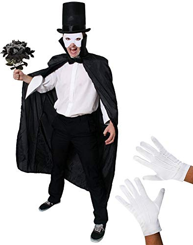 Herren-Kostüm mit Musik-Phantom-Motiv, weiße Maske, Schwarze Fliege, schwarzer Kragen, Strauß schwarzer Rosen, Zylinder und Handschuhe, perfekt für Halloween-Kostüme (obere Halbmaske, 58cm Hut)