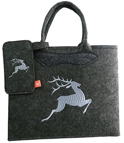Witzgall Filztasche grau mit Hirsch und Handytasche 38x20x30 cm Trachtentasche