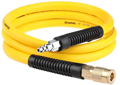 Hromee Hybrid Rubber & PVC Lead-in Air Trousers 3/8 Inch x 6 FT with Solid Brass 1/4 Inch Industrial NPT Quick Coupler and Plug 300PSI Yellow Whip Air Compressor Trousers