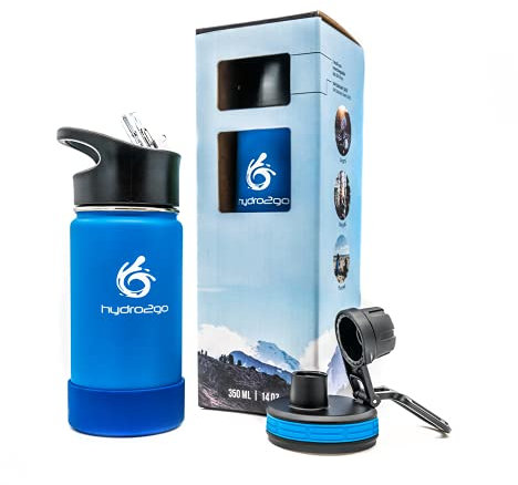 hydro2go Kinder Trinkflasche aus Edelstahl - BPA-freie Isolierflasche mit 2 auslaufsicheren Kappen (Strohhalm & Sport) - 350ml