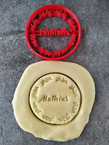 3DKOUPE - Emporte-pièce rond - Motif branches d'olivier - Personnalisable avec texte - Couleur au choix - Conçu et fabriqué en France