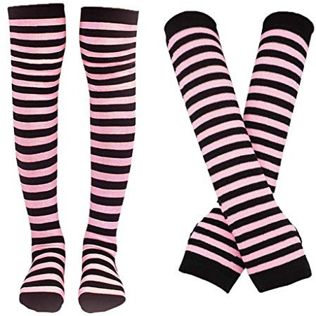 Bienvenu Damensocken, gestreift, kniehoch, Armwärmer, fingerlose Handschuhe, Pink, Einheitsgröße