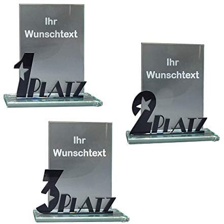 RaRu 3 Glas-Pokale mit Acryl-Schriftzug (1 2 3 Platz) und mit Ihrer Wunschgravur