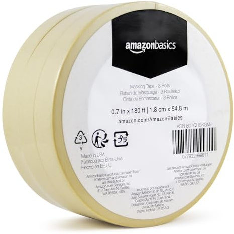 Amazon Basics Low Tack Masking Tape, General Purpose, Hand Tearable, Removes Easily, for Labeling, 0.7 inch x 180 feet, Beige, 3-Pack