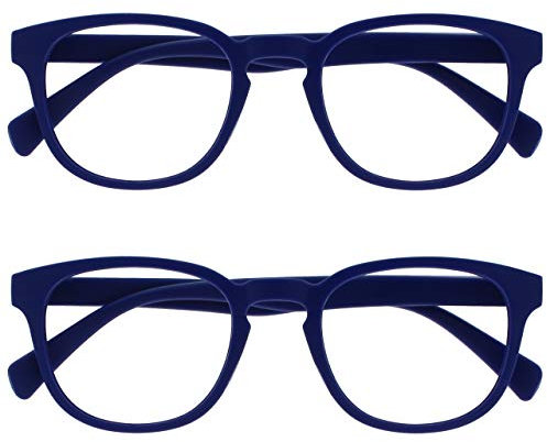 OPULIZE Pop Lesebrille 2er Pack Keck Rund Matt Rahmen Federscharniere Kratzfest Blau Herren Damen RR2-3 +1.50