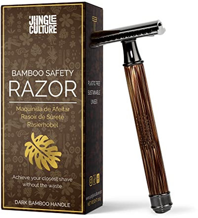 Jungle Culture® Bamboo Safety Razor for Men & Women • Premium Eco Friendly Razor • Fits Double Edge Razor Blades • Single Blade Reusable Mens Razor • Zero Waste • Dark Wood Handle Slim