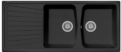 Évier composite Plados SP1162 deux bacs plus égouttoir + planche à découper bois (Noir Ebony)