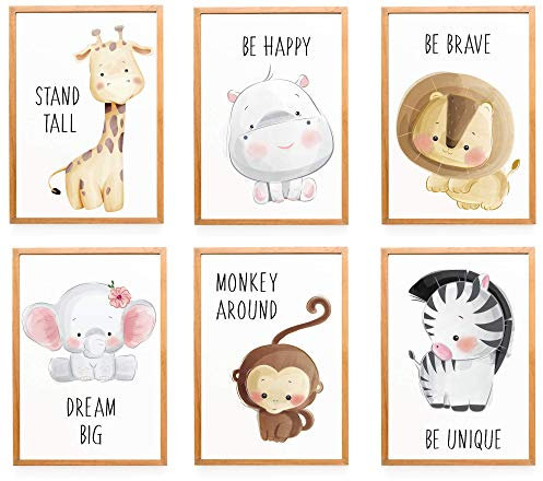 WIETRE 6er Set Bilder Tiere Kinderzimmer Babyzimmer Deko | Bild Junge Mädchen Poster DIN A4 | Waldtiere Safari Afrika Tiere Tierposter Dekoration (ohne Rahmen)