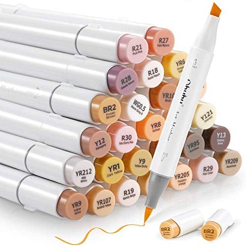Ohuhu 36 Skin-Tone Colors Alcohol Markers, Brush & Chisel, Sketch Art Marker, Alcohol-Based Brush Markers for Adults' Coloring, Illustration, Mid-Tone Skin Tone and Hair Shades Marker Set