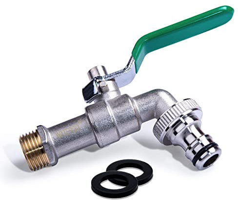 WATERGO Premium Wasserhahn 1 Zoll grün/rost- und frostsicherer Wasserhahn für Waschmaschine, Garten & Haushalt/Kugelhahn 1 Zoll aus Messing mit 3/4 Zoll Ausgang + e-Book