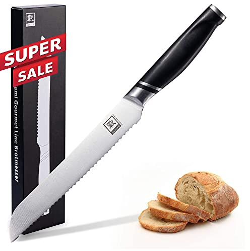 zayiko Nami Brotmesser 20,5 cm, Wellenschliff, deutscher Edelstahl, poliert | Einseitiger 15° Wellenschliff, 55 ± 1 HRC, schwarzer ABS-Griff, für Brot, Baguette, Torten und harte Krusten, in Geschenkbox.