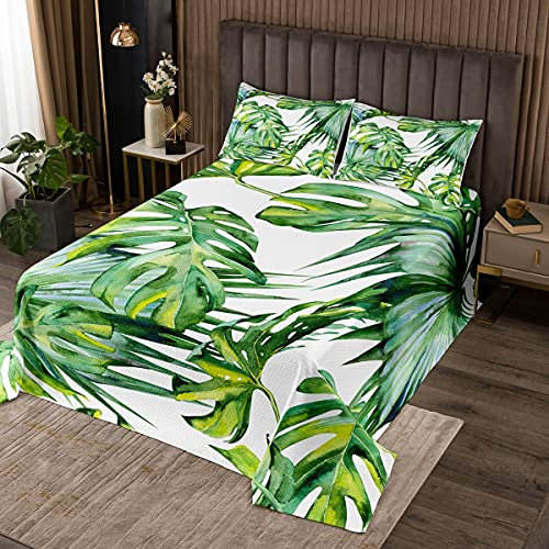 Palmen Drucken Tagesdecke 220x240cm Mädchen Tropisch Palm Blatt Bettüberwurf für Jugendliche Grüne Blätter Muster Dekor Steppdecke Botanisches Design Wohndeckee 3St