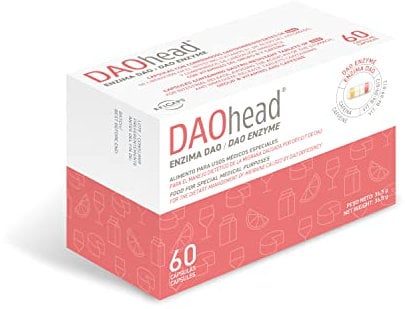 DAOhead - Gestione dell'emicrania Causata da Deficit di DAO/Intolleranza all'istamina - 60 Capsule EFICAPS con Compresse Gastroresistenti - Enzima DAO, Vitamine B6, B9, B12 e Caffeina