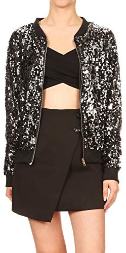 Anna-Kaci Womens Sequin Long Sleeve Front Zip Jacket with Ribbed Cuffs