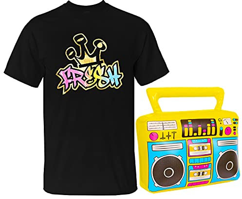 Herren 90er Jahre Kostüm – Schwarzes T-Shirt mit mehrfarbigem frischen Design + gelber aufblasbarer Boombox – Erwachsenenkostüm 90er Jahre Kostüm mit Zubehör (Einheitsgröße)