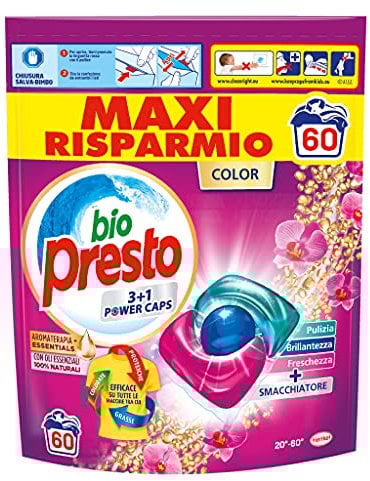 Bio Presto Bio Presto Power Caps Color, Detersivo Lavatrice Predosato In Capsule Per Capi Colorati, Confezione Da 60 Lavaggi - 720 g