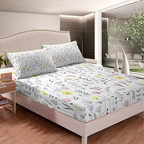 Kinder Blumen Spannbettlaken 90x200cm Blumen Muster Spannbetttuch Für Mädchen Frauen Jugendliche Niedlich Botanisches Dekor Bettlaken Set Bunte Garten Schlafzimmer 2St